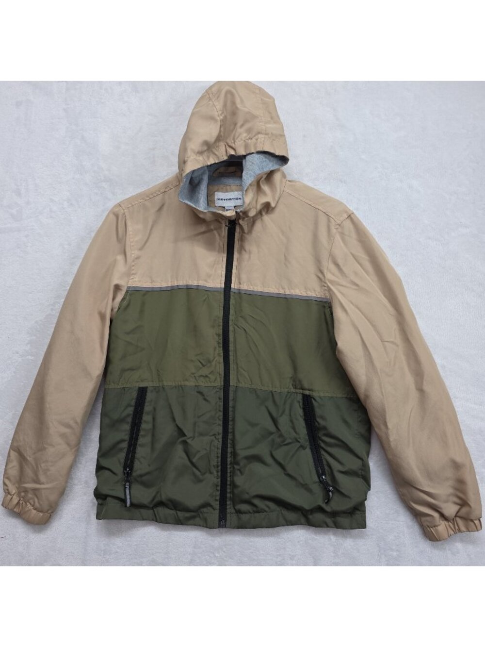 Distortion Hooded Windbreaker Jacket Boys Sz M 10/12 Green Tan Reflector Stripe